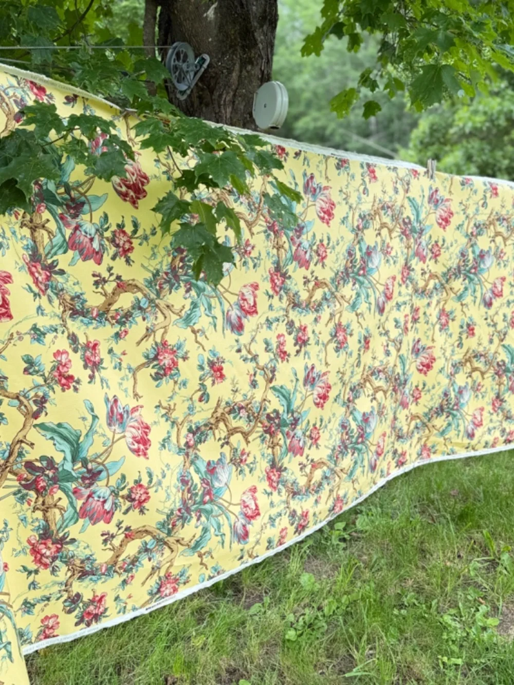 15.5 yds Vintage Greeff Schumacher Fabric Pink Green Tulips on Yellow Upholsery